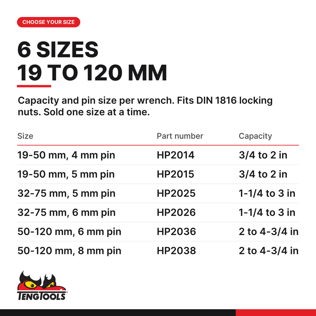 Teng Tools pin wrench, 19 to 120 mm capacity, six sizes 19 to 120 mm capacity with 4 to 8 mm pins, part numbers HP2014 to