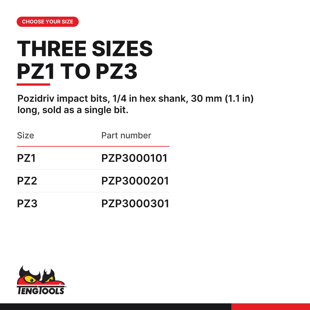 Teng Tools Pozidriv impact bits with 1/4 in hex shank, 30 mm (1.1 in), PZ1 to PZ3, three sizes PZ1 to PZ3, part numbers