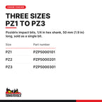 Teng Tools Pozidriv impact bits with 1/4 in hex shank, 50 mm (1.9 in), PZ1 to PZ3, three sizes PZ1 to PZ3, part numbers