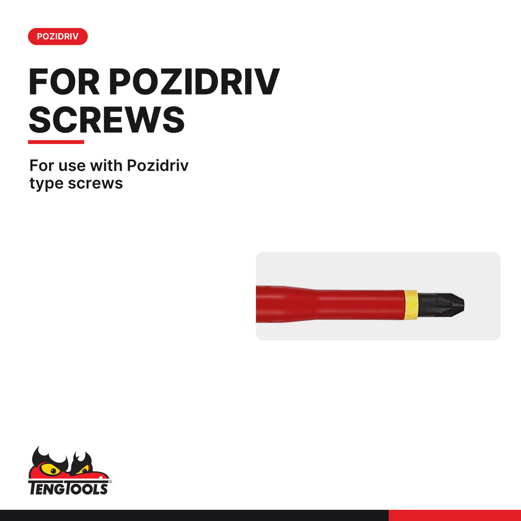Teng Tools 1000V Pozidriv insulated screwdriver, PZ0 to PZ3, for use with Pozidriv type screws