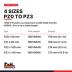 Teng Tools 1000V Pozidriv insulated screwdriver, PZ0 to PZ3, four sizes PZ0 x 60 mm to PZ3 x 150 mm, part numbers MDV860N to
