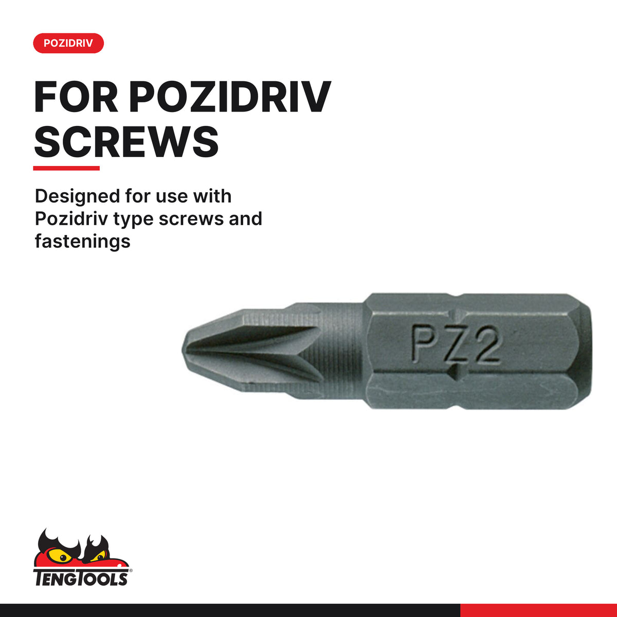 Teng Tools PZ2500210 1/4 Inch Hex Shank Pozidriv Insert Bits, designed for use with Pozidriv type screws and fastenings