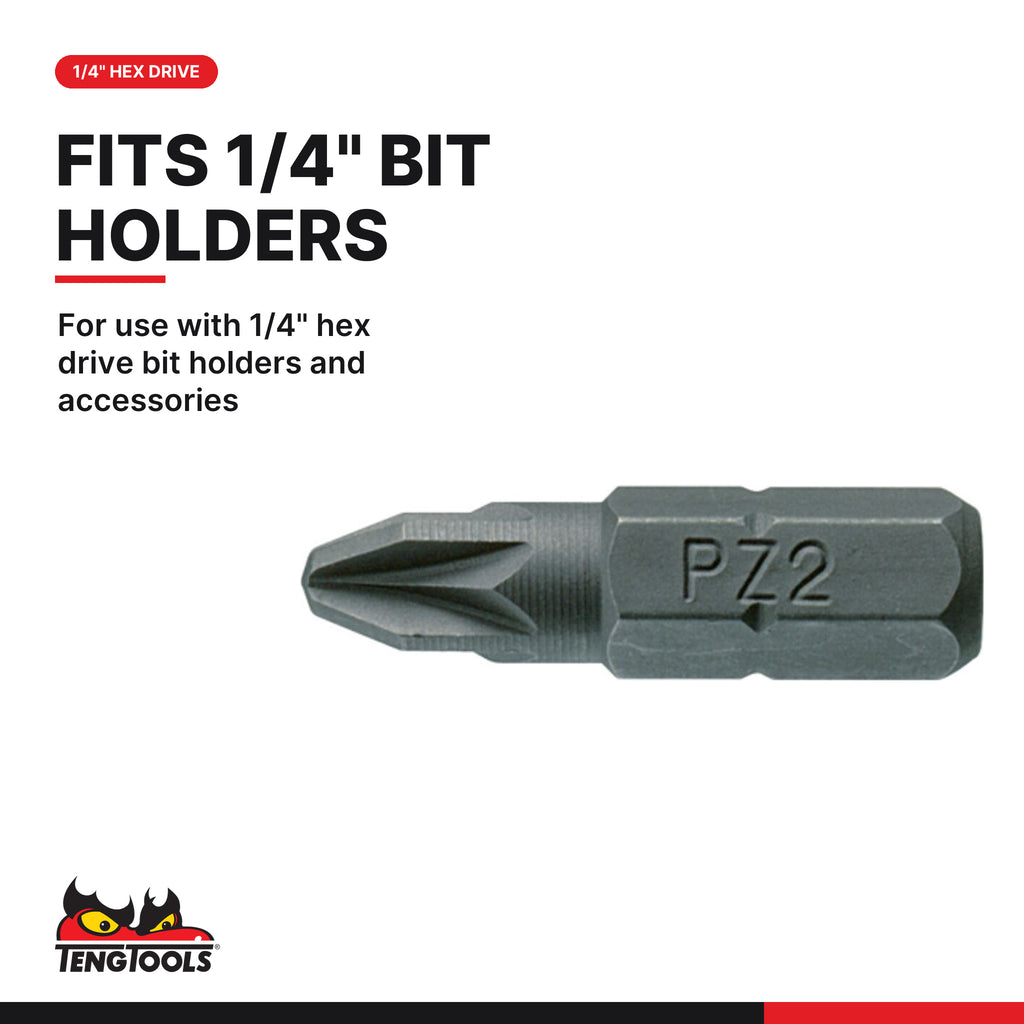 Teng Tools PZ2500303 1/4 Inch Hex Shank Pozidriv Insert Bits, for use with 1/4" hex drive bit holders and accessories