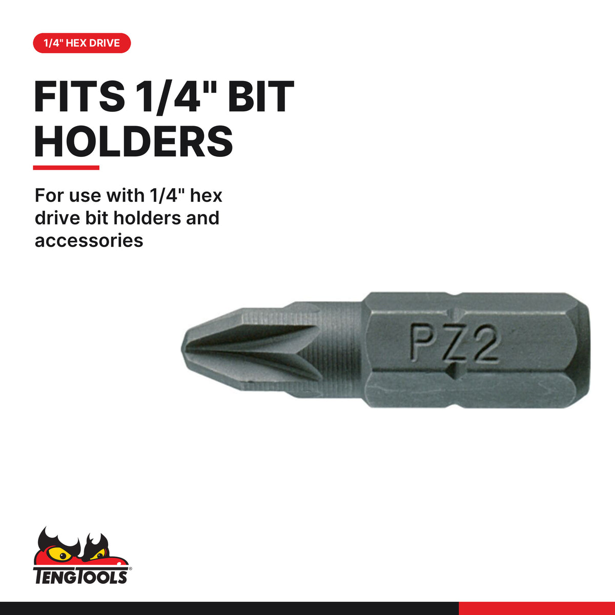Teng Tools PZ2500303 1/4 Inch Hex Shank Pozidriv Insert Bits, for use with 1/4" hex drive bit holders and accessories