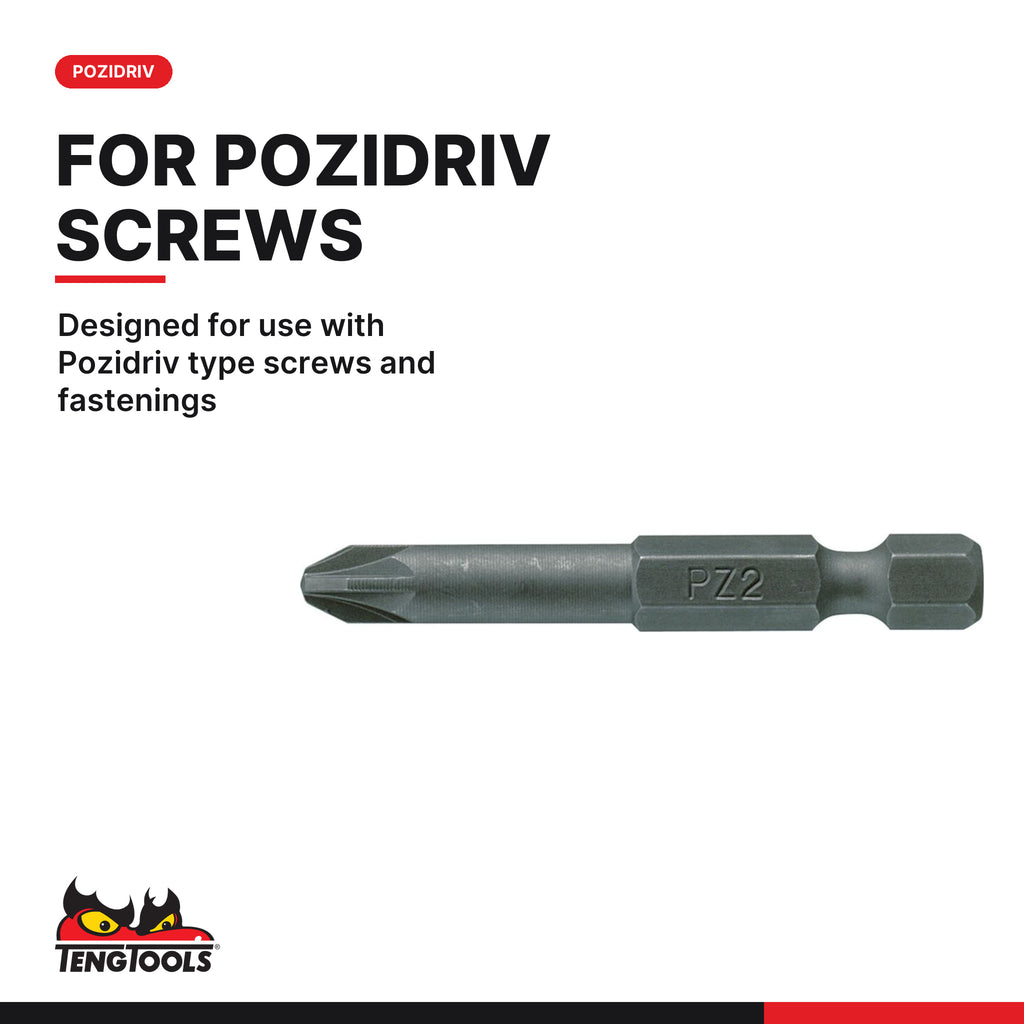 Teng Tools PZ5000103 1/4 Inch Pozidriv PZ1 Screwdriver Bit 50 mm Long, designed for use with Pozidriv type screws and
