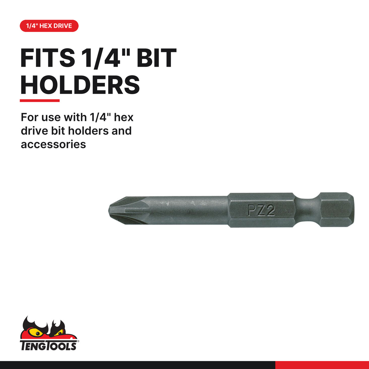 Teng Tools PZ5000203 1/4 Inch Pozidriv PZ2 Screwdriver Bit 50 mm Long, for use with 1/4" hex drive bit holders and