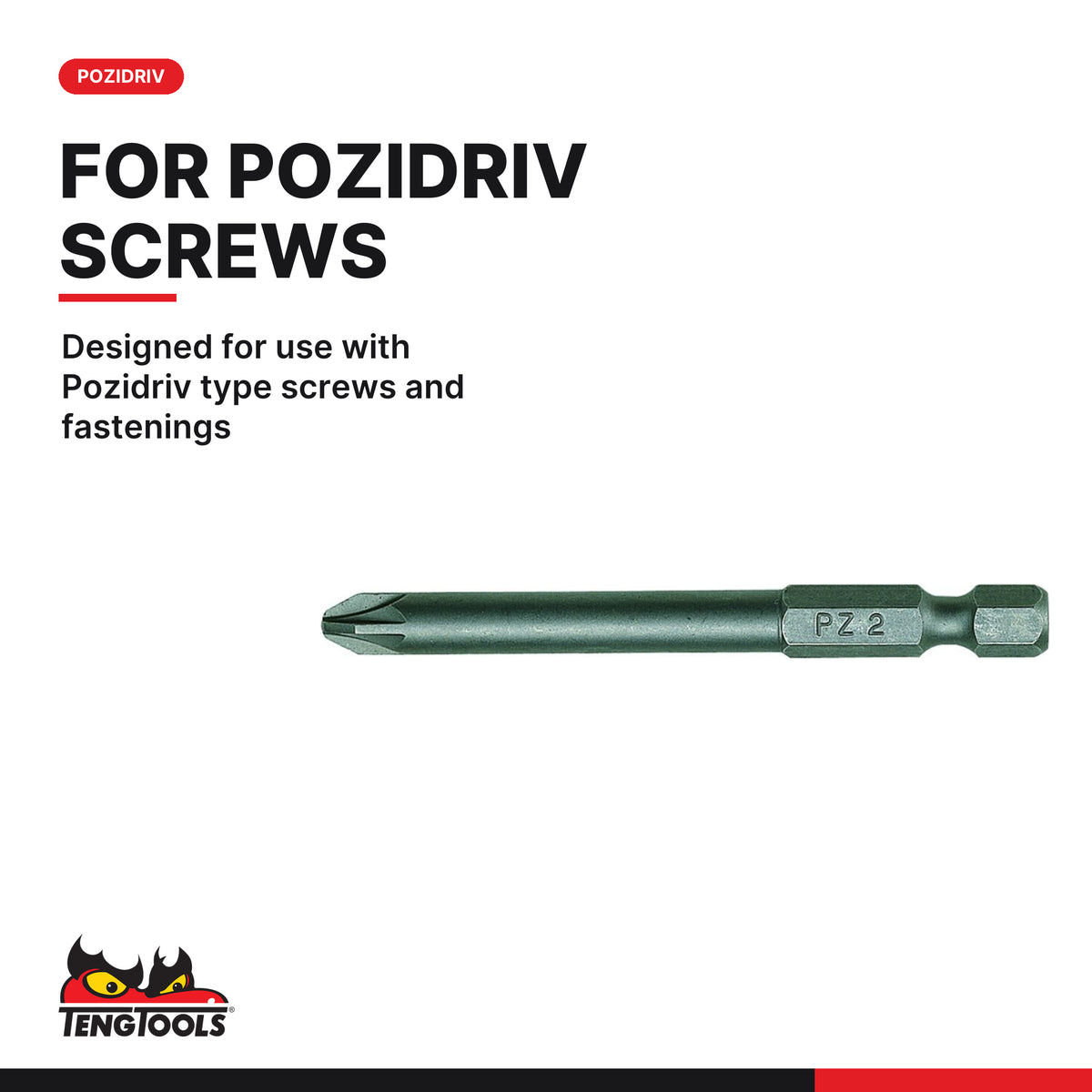 Teng Tools PZ7000102 1/4 Hex Shank Pozidriv PZ1 Screwdriver Bits, designed for use with Pozidriv type screws and fastenings