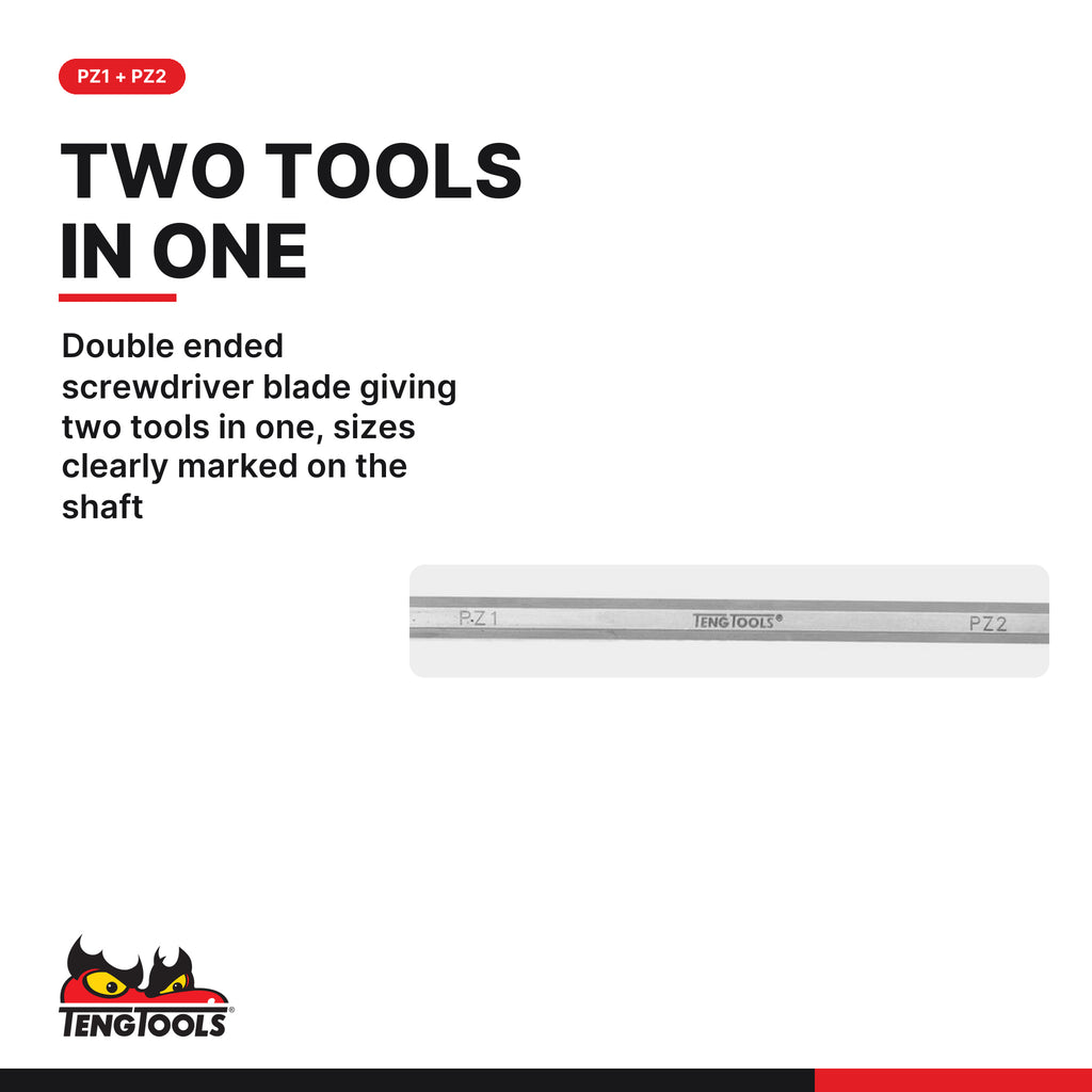 Teng Tools PZZ0102 Double Ended Screwdriver Blade, double ended screwdriver blade giving two tools in one, sizes clearly