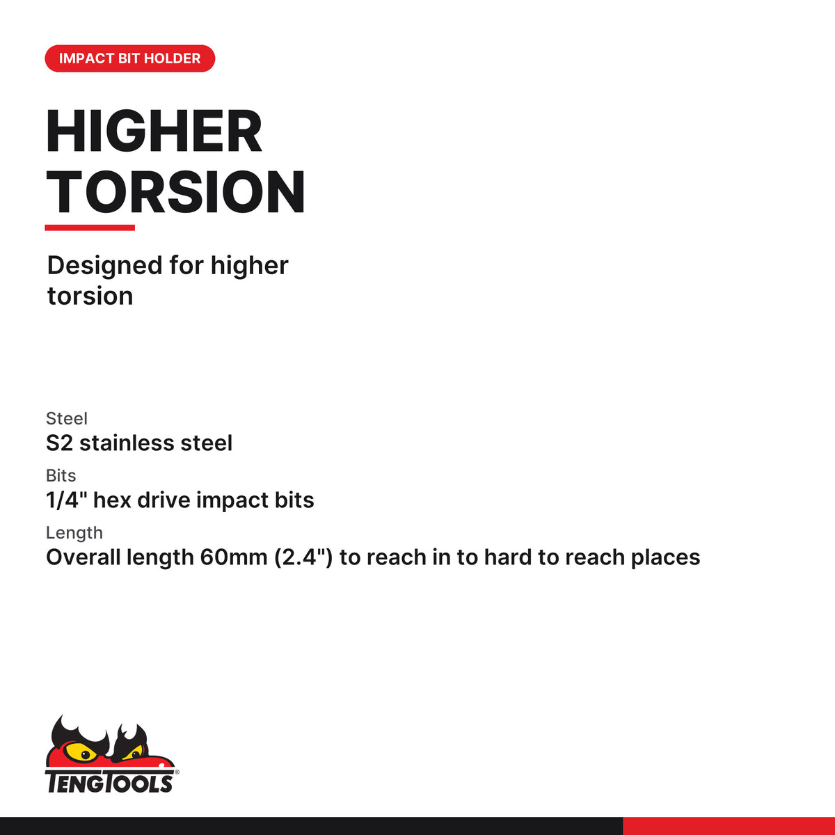 Teng Tools QCI14 1/4 Inch Hex Drive Quick Chuck Impact Bit Holder, designed for higher torsion