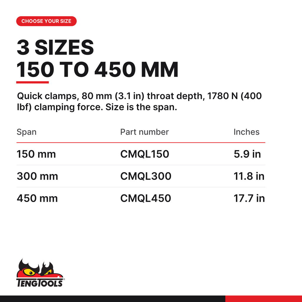 Teng Tools quick clamp bottom lever, 150 to 450 mm, three spans 150, 300 and 450 mm, part numbers CMQL150 to CMQL450