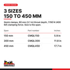 Teng Tools quick clamp bottom lever, 150 to 450 mm, three spans 150, 300 and 450 mm, part numbers CMQL150 to CMQL450