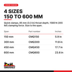 Teng Tools quick clamp top lever, 150 to 600 mm, four spans 150, 300, 450 and 600 mm, part numbers CMQ150 to CMQ600