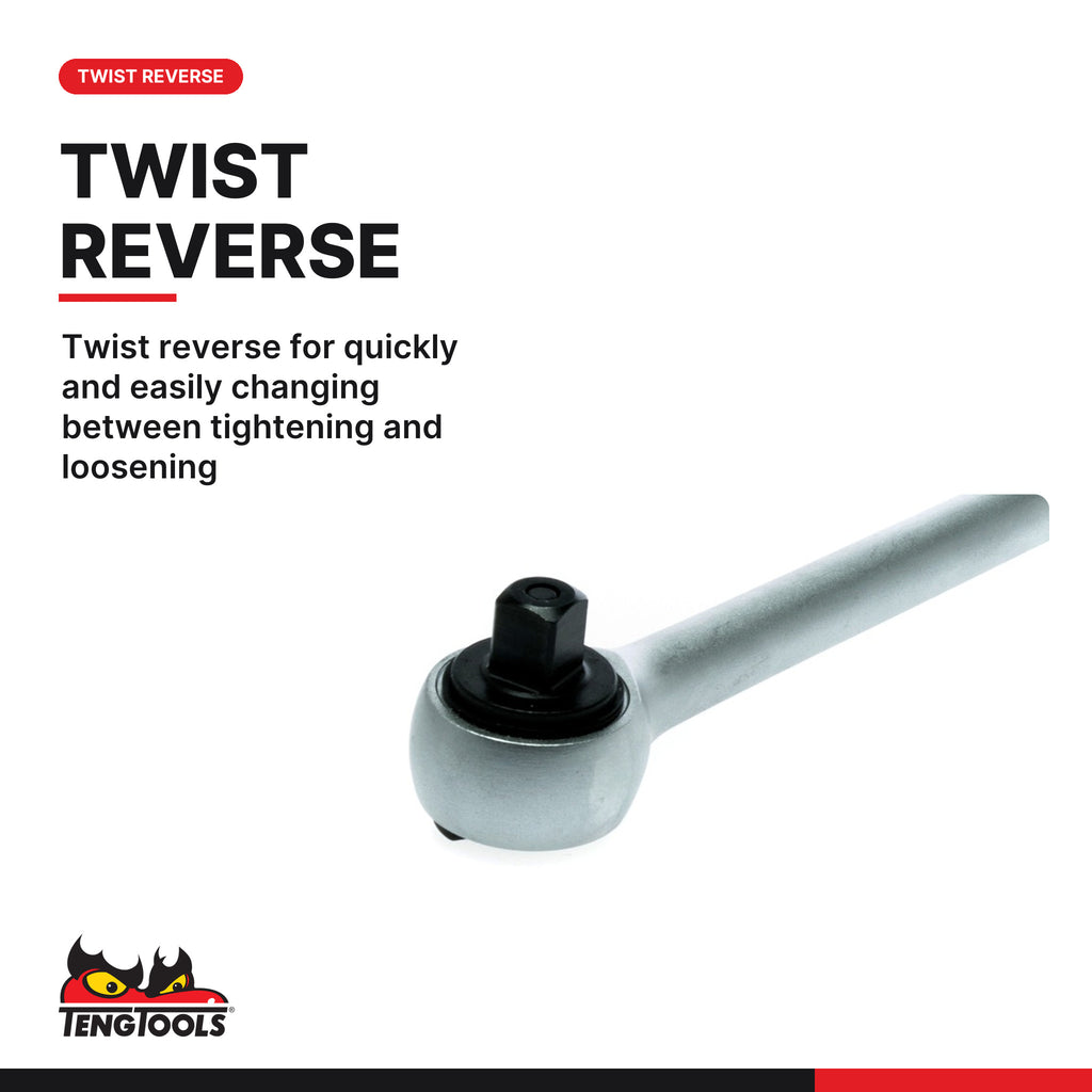 Teng Tools long arm ratchet, 1/4, 3/8 or 1/2 in drive, twist reverse for quickly and easily changing between tightening and