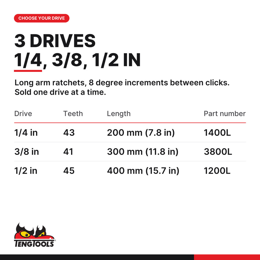 Teng Tools long arm ratchet, 1/4, 3/8 or 1/2 in drive, three drives 1/4, 3/8 and 1/2 in, part numbers 1400L, 3800L and 1200L