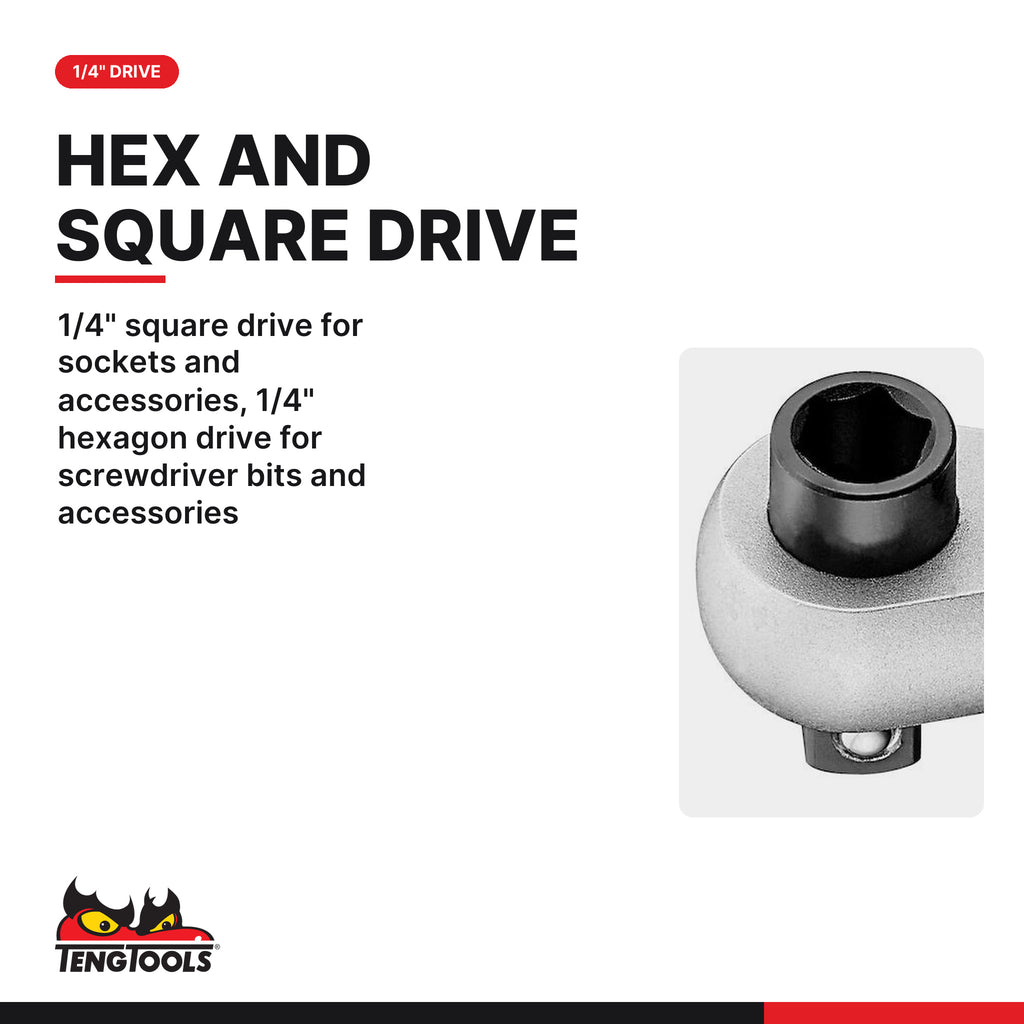 Teng Tools RHA14 1/4 Inch Ratchet Head With Hex and Square Drive, 1/4" square drive for sockets and accessories, 1/4"
