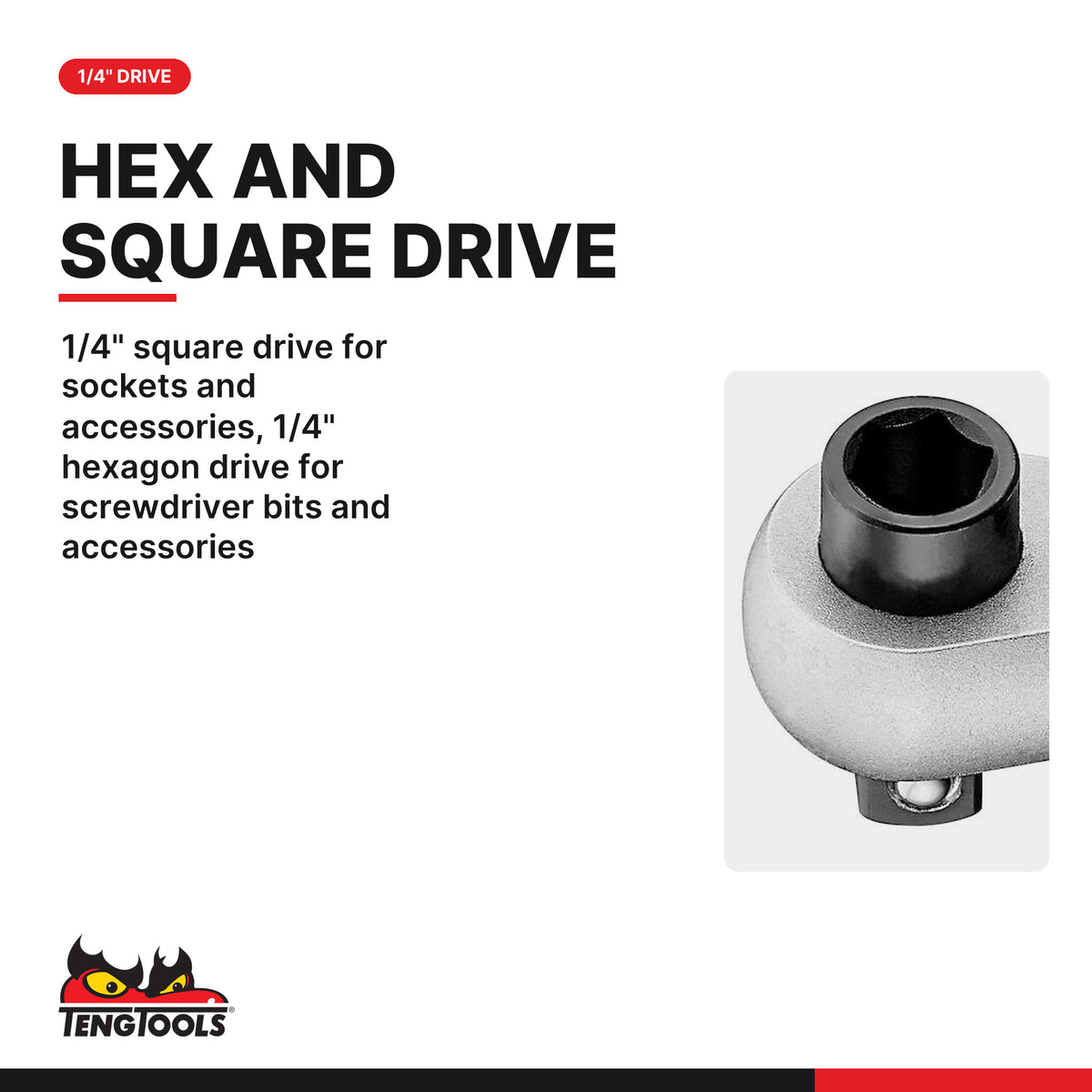 Teng Tools RHA14 1/4 Inch Ratchet Head With Hex and Square Drive, 1/4" square drive for sockets and accessories, 1/4"