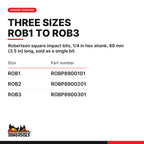 Teng Tools Robertson square impact bits with 1/4 in hex shank, 89 mm (3.5 in), ROB1 to ROB3, three sizes ROB1 to ROB3, part