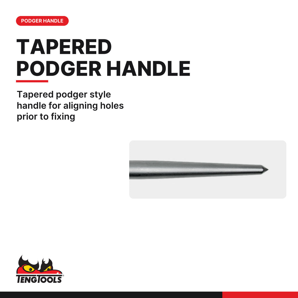 Teng Tools roll heel pry bar, 300 to 500 mm, tapered podger style handle for aligning holes prior to fixing