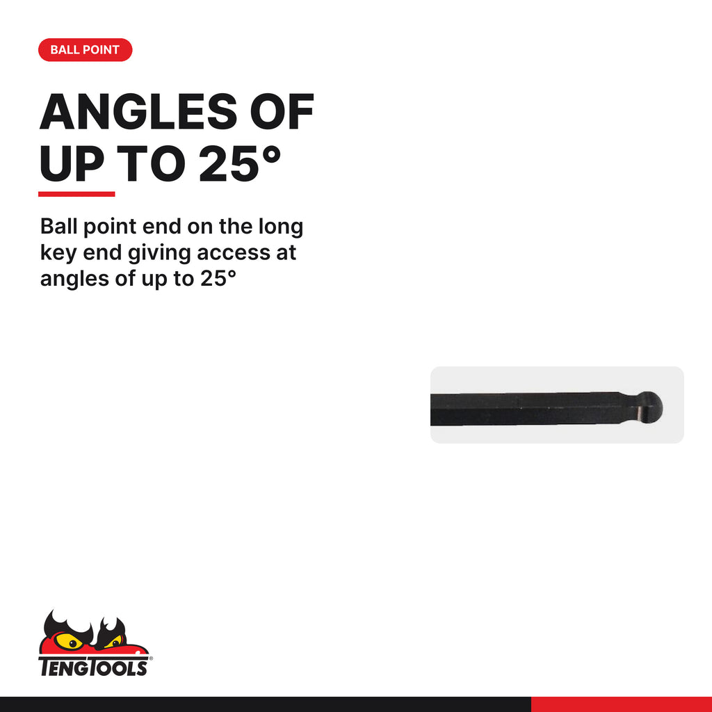 Teng Tools SAE ball point hex key, 5/64 to 3/8 in, ball point end gives access at angles of up to 25 degrees