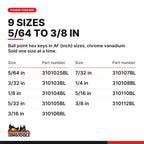 Teng Tools SAE ball point hex key, 5/64 to 3/8 in, nine sizes 5/64 in to 3/8 in, part numbers 3101025BL to 310112BL