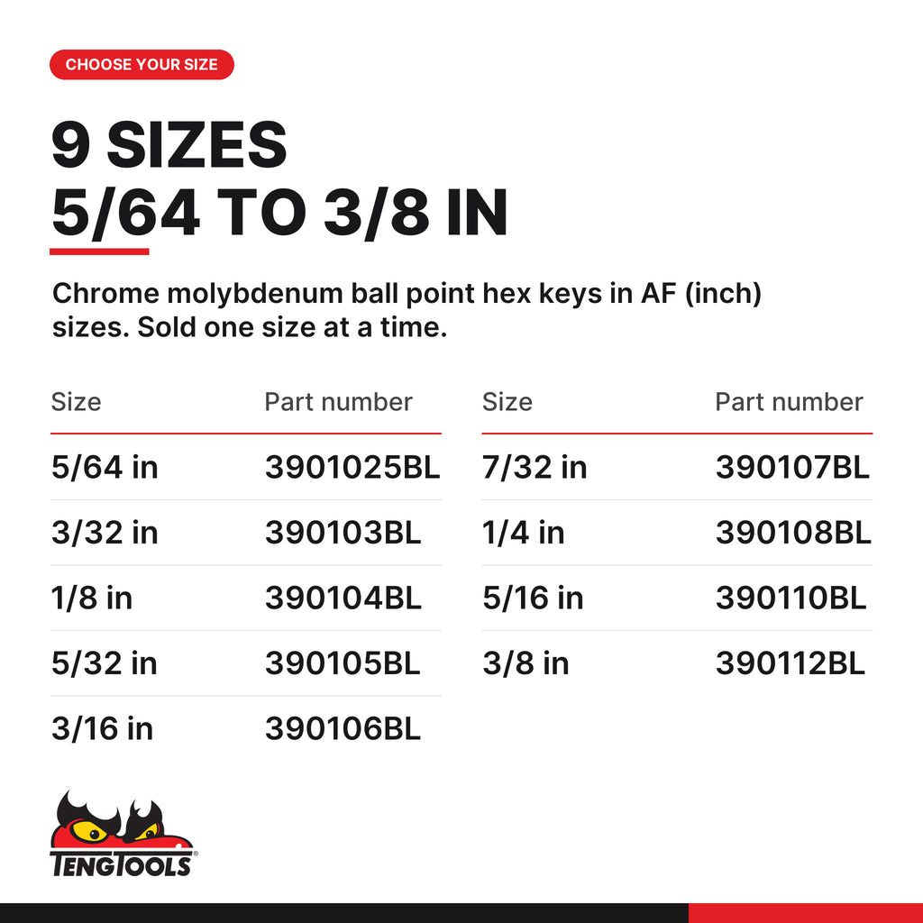 Teng Tools SAE chrome molybdenum ball point hex key, 5/64 to 3/8 in, nine sizes 5/64 in to 3/8 in, part numbers 3901025BL to