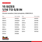 Teng Tools SAE hex key 1/16 to 5/8 in, 15 AF sizes 1/16 to 5/8 in, part numbers 310102 to 310120