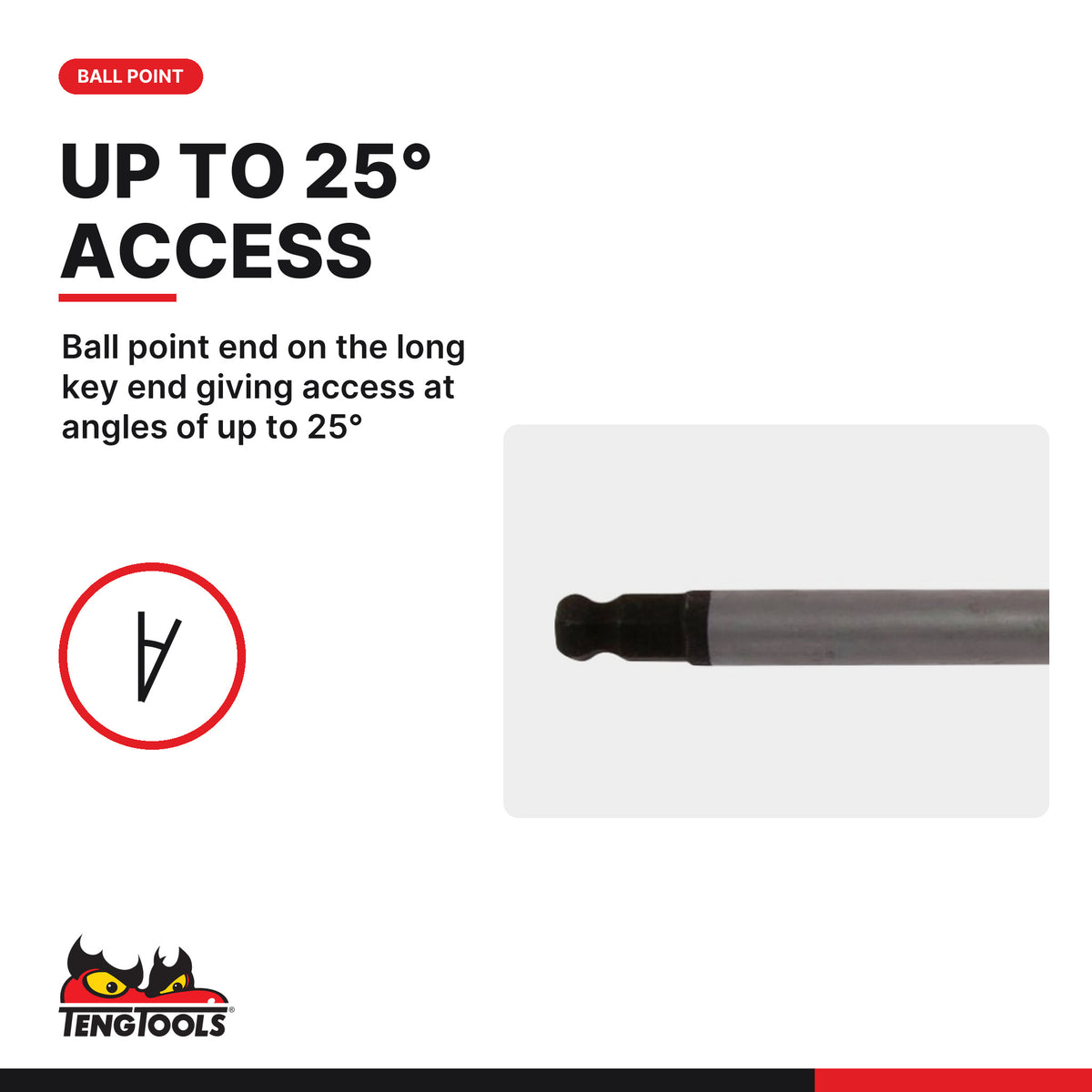 Teng Tools SAE T-handle ball point hex key, 3/32 to 5/16 in, ball point end gives access at angles of up to 25 degrees