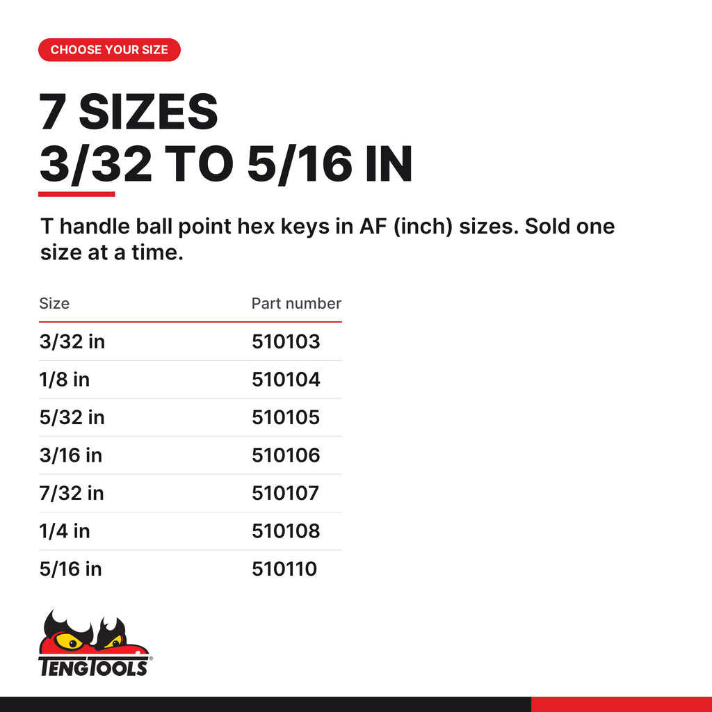 Teng Tools SAE T-handle ball point hex key, 3/32 to 5/16 in, seven sizes 3/32 in to 5/16 in, part numbers 510103 to 510110