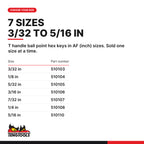 Teng Tools SAE T-handle ball point hex key, 3/32 to 5/16 in, seven sizes 3/32 in to 5/16 in, part numbers 510103 to 510110