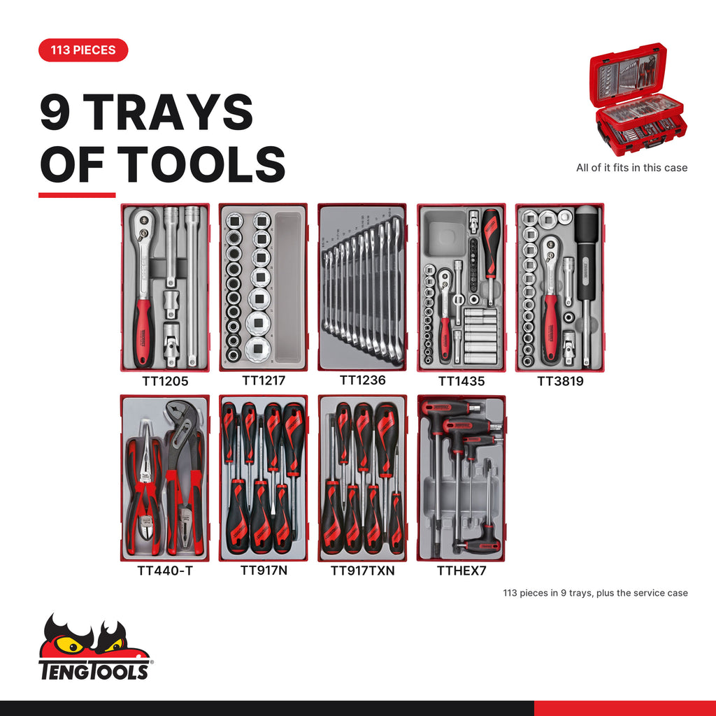 Teng Tools SC01 113 piece TC-9 service case tool kit, every tray in the kit at true size