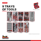 Teng Tools SC03 193 piece MECCA PRO TC-9 red service case tool kit, every tray in the kit at true size
