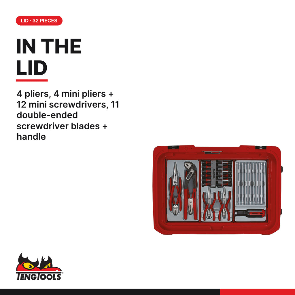 Teng Tools SC03 193 piece MECCA PRO TC-9 red service case tool kit, lid: plier, mini plier + screwdriver blade sets