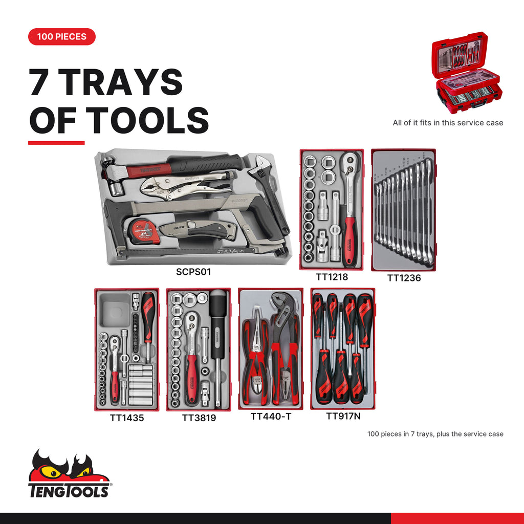 Teng Tools SC04 100 piece metric MECCA PRO TC-9 service case tool kit, every tray in the kit at true size