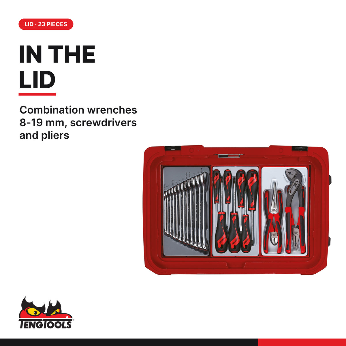 Teng Tools SC04 100 piece metric MECCA PRO TC-9 service case tool kit, lid: combination wrenches, screwdrivers and pliers