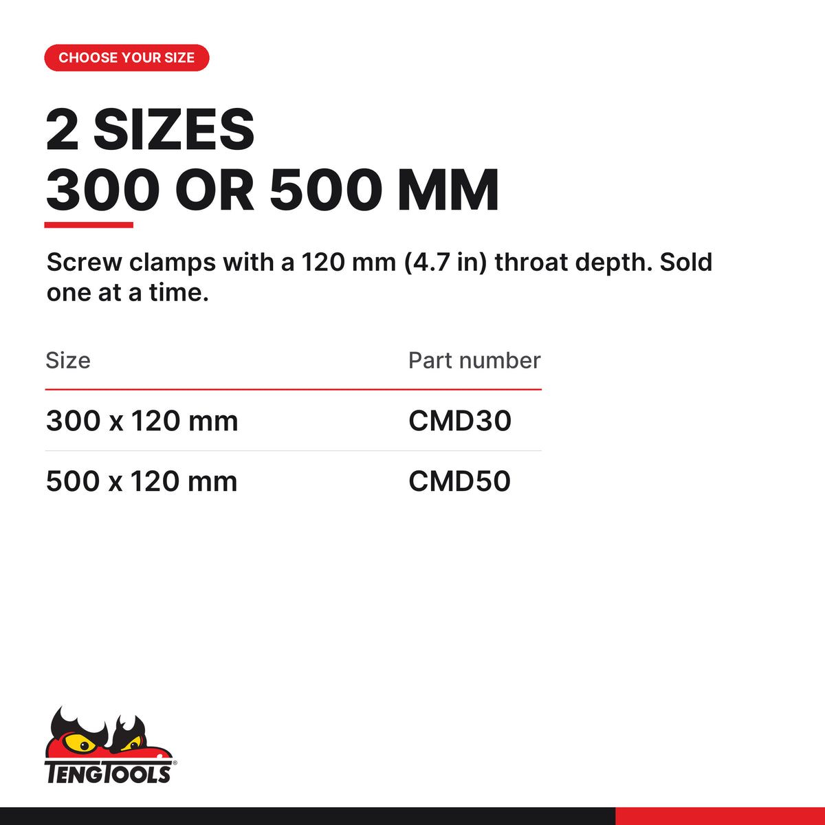 Teng Tools screw clamp, 300 and 500 x 120 mm, two sizes 300 x 120 mm and 500 x 120 mm, part numbers CMD30 and CMD50