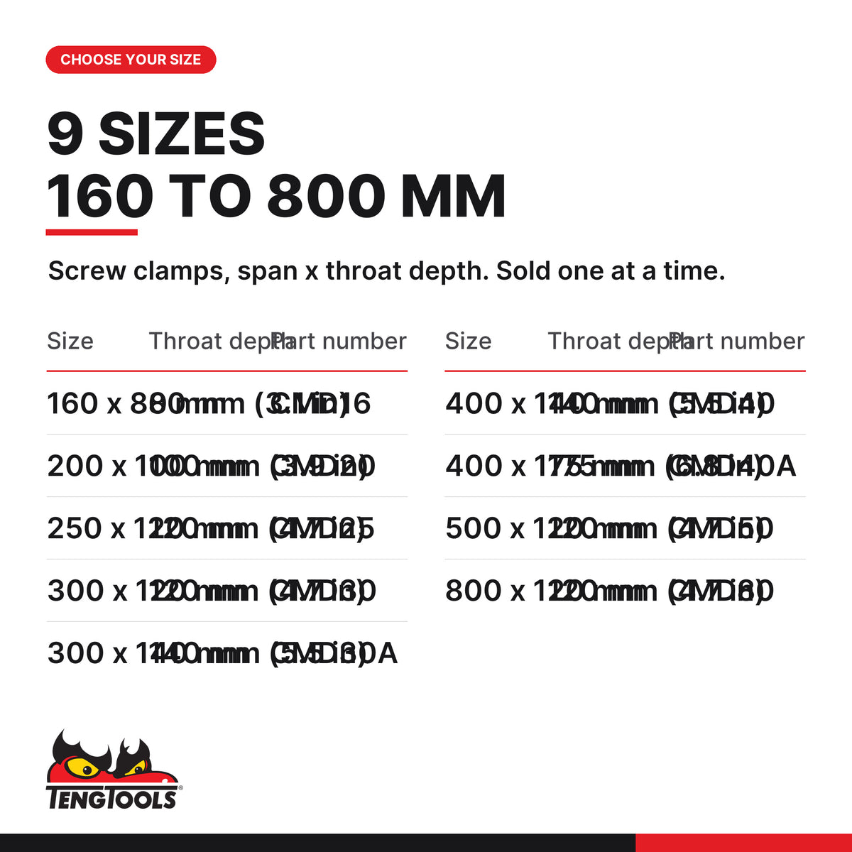 Teng Tools screw clamp, 300 and 500 x 120 mm, nine sizes 160 x 80 mm to 800 x 120 mm, part numbers CMD16 to CMD80