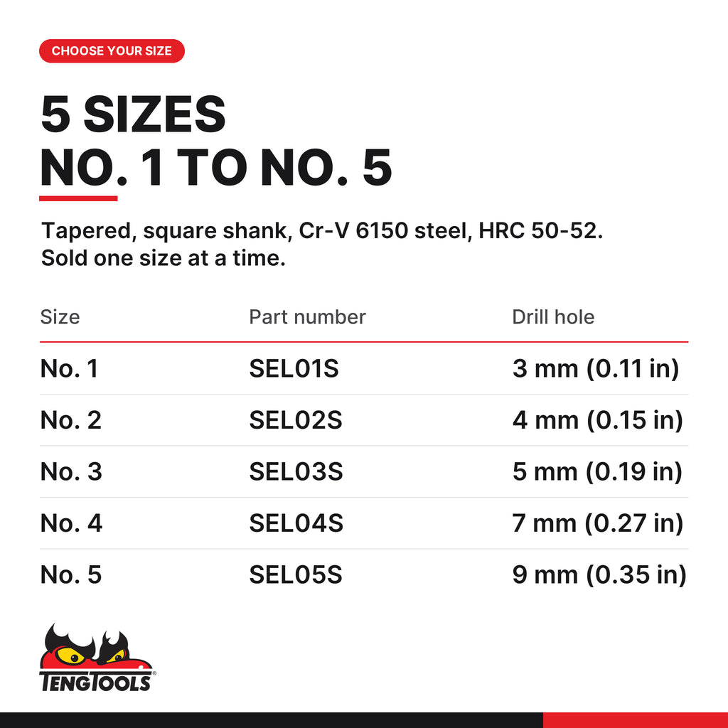 Teng Tools screw extractor, No. 1 to No. 5, five sizes No. 1 to No. 5 for 3 to 9 mm drill holes, part numbers SEL01S to