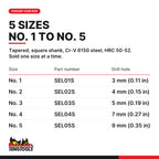 Teng Tools screw extractor, No. 1 to No. 5, five sizes No. 1 to No. 5 for 3 to 9 mm drill holes, part numbers SEL01S to
