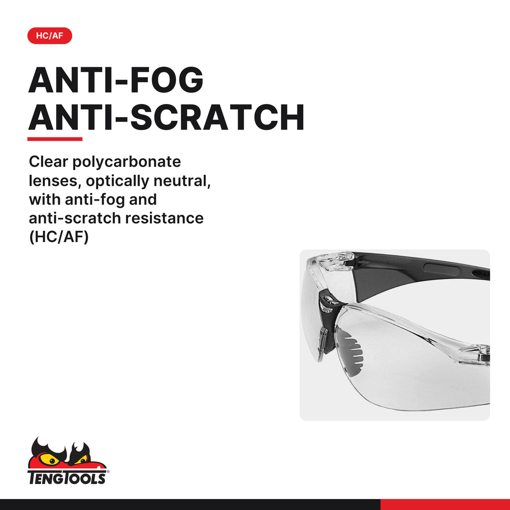 Teng Tools SG713 Sport Style Safety Glasses With Clear Lens, clear polycarbonate lenses, optically neutral, with anti-fog