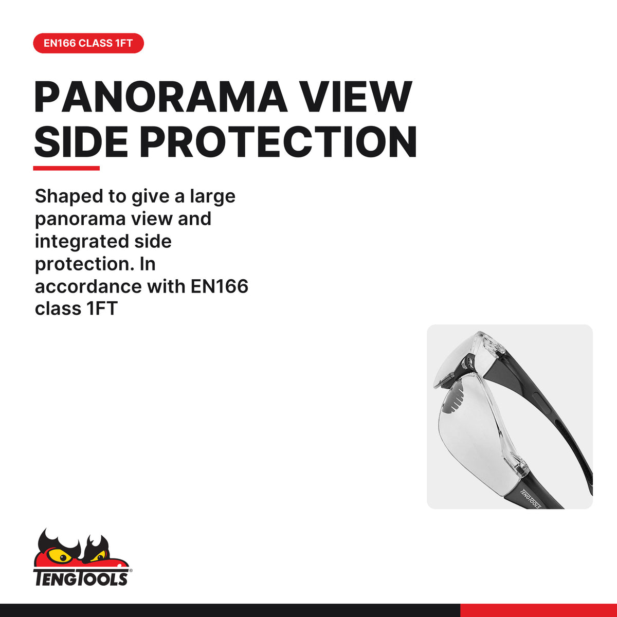 Teng Tools SG713 Sport Style Safety Glasses With Clear Lens, shaped to give a large panorama view and integrated side