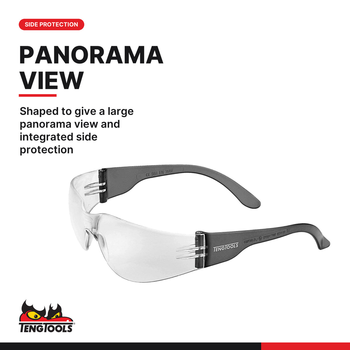 Teng Tools SG960 Anti Fog Safety Glasses, shaped to give a large panorama view and integrated side protection