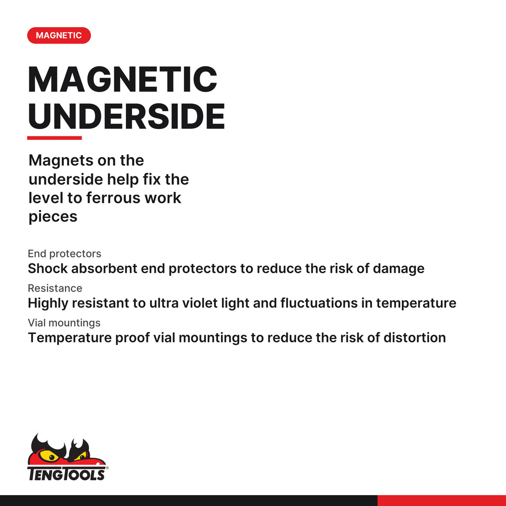 Teng Tools SLM0400 400 mm (15.7 in) Magnetic Spirit Level, magnets on the underside help fix the level to ferrous work pieces