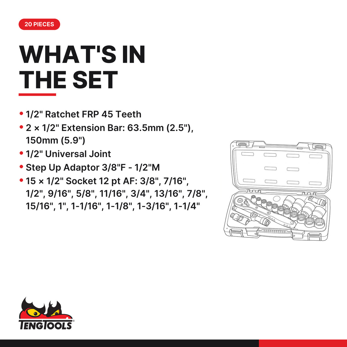 Teng Tools T1220AF MECCA PRO 1/2" Socket Set 12 pt AF 20 Pieces, what's in the set