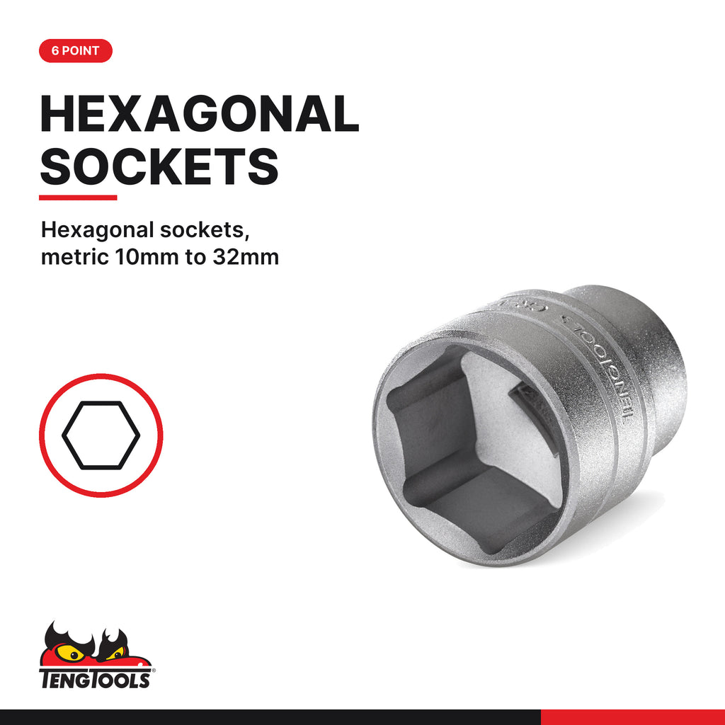 Teng Tools T1221-6 MECCA PRO 1/2" Socket Set 6 pt 21 Pieces, hexagonal sockets, metric 10mm to 32mm