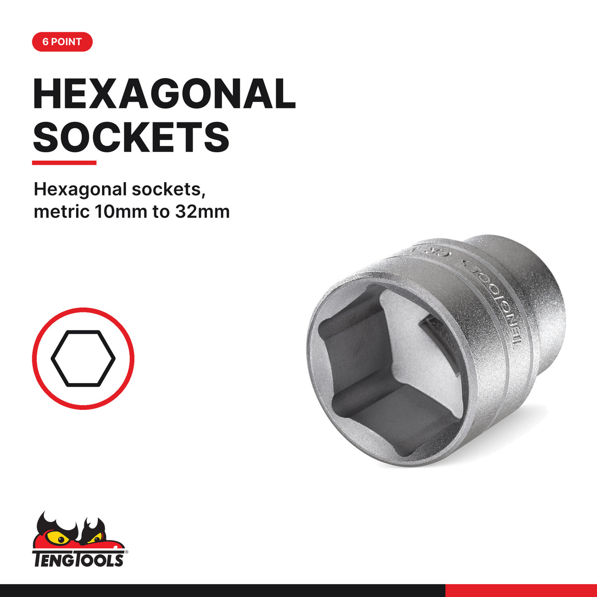 Teng Tools T1221-6 MECCA PRO 1/2" Socket Set 6 pt 21 Pieces, hexagonal sockets, metric 10mm to 32mm