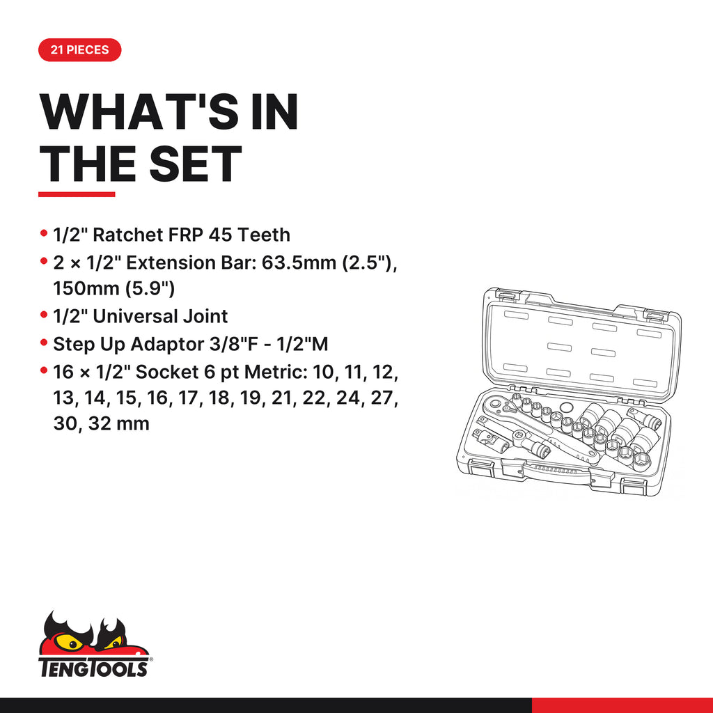 Teng Tools T1221-6 MECCA PRO 1/2" Socket Set 6 pt 21 Pieces, what's in the set