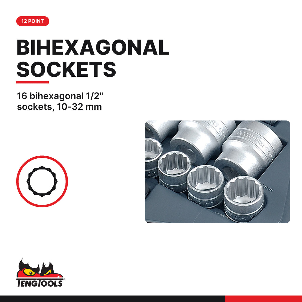 Teng Tools T1221 MECCA PRO 1/2" Socket Set 12 pt 21 Pieces, 16 bihexagonal 1/2" sockets, 10-32 mm