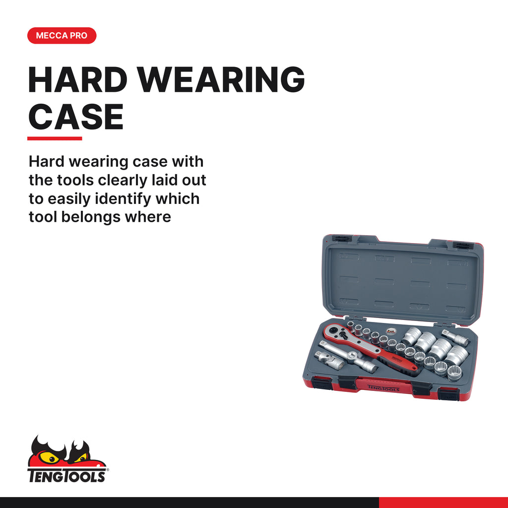 Teng Tools T1221 MECCA PRO 1/2" Socket Set 12 pt 21 Pieces, hard wearing case with the tools clearly laid out to easily