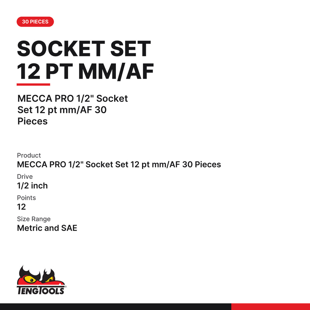 Teng Tools T1230 30 Piece 1/2 Inch Drive 12 Point Metric & SAE, MECCA PRO 1/2" Socket Set 12 pt mm/AF 30 Pieces