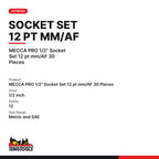 Teng Tools T1230 30 Piece 1/2 Inch Drive 12 Point Metric & SAE, MECCA PRO 1/2" Socket Set 12 pt mm/AF 30 Pieces